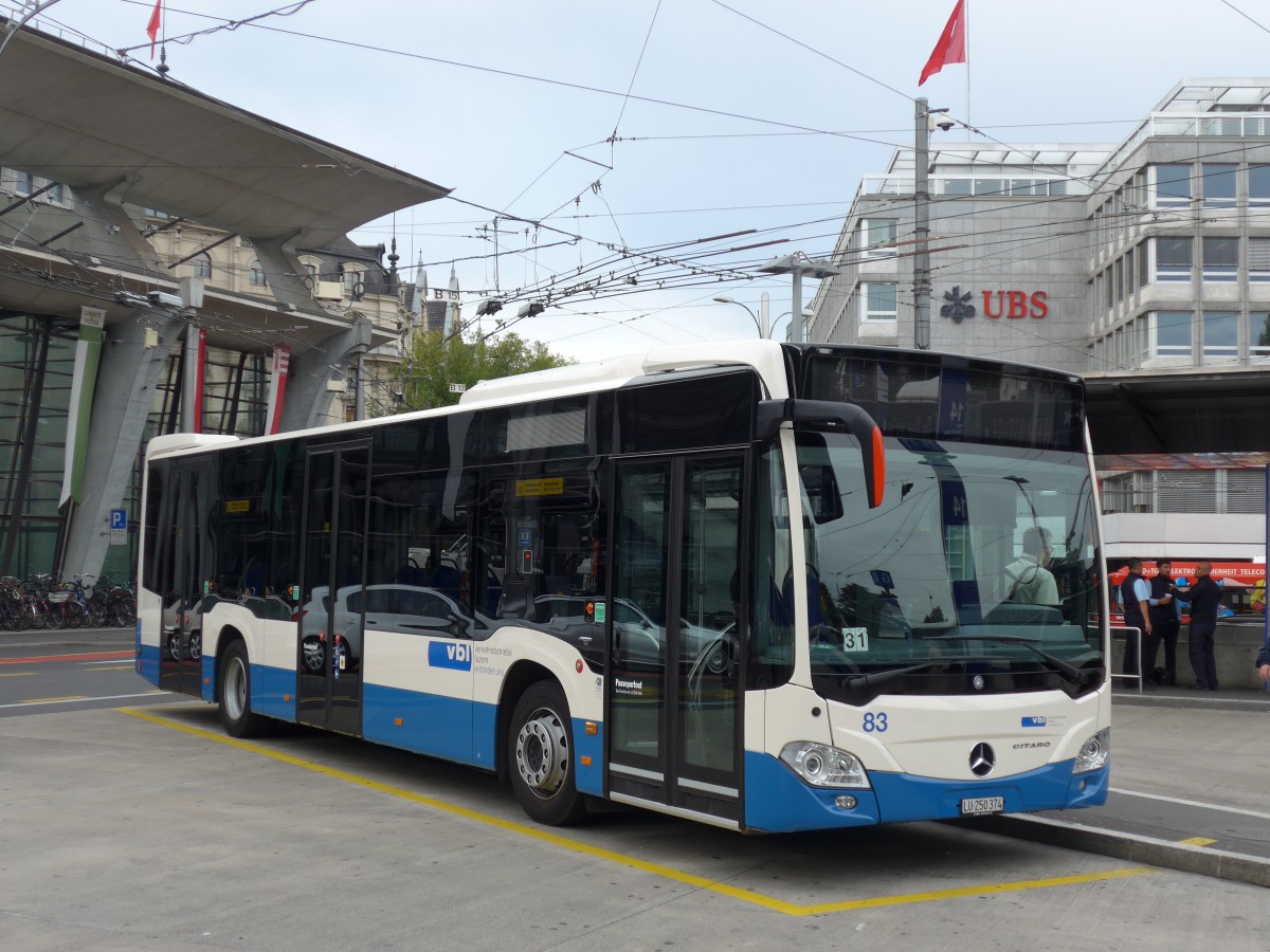 (164'854) - VBL Luzern - Nr. 83/LU 250'374 - Mercedes am 16. September 2015 beim Bahnhof Luzern