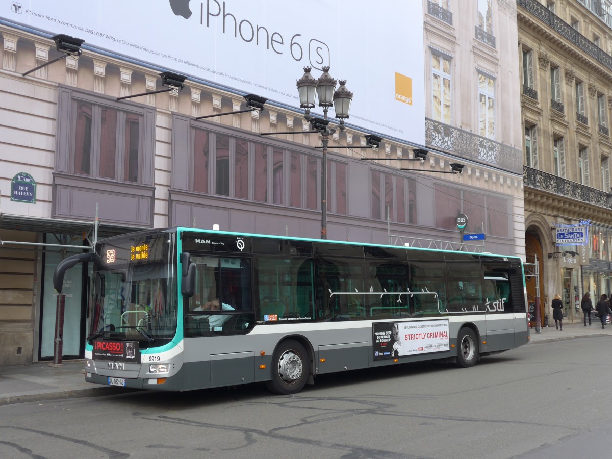 (166'939) - RATP Paris - Nr. 9919/DL 982 GJ - MAN am 16. November 2015 in Paris, Opra