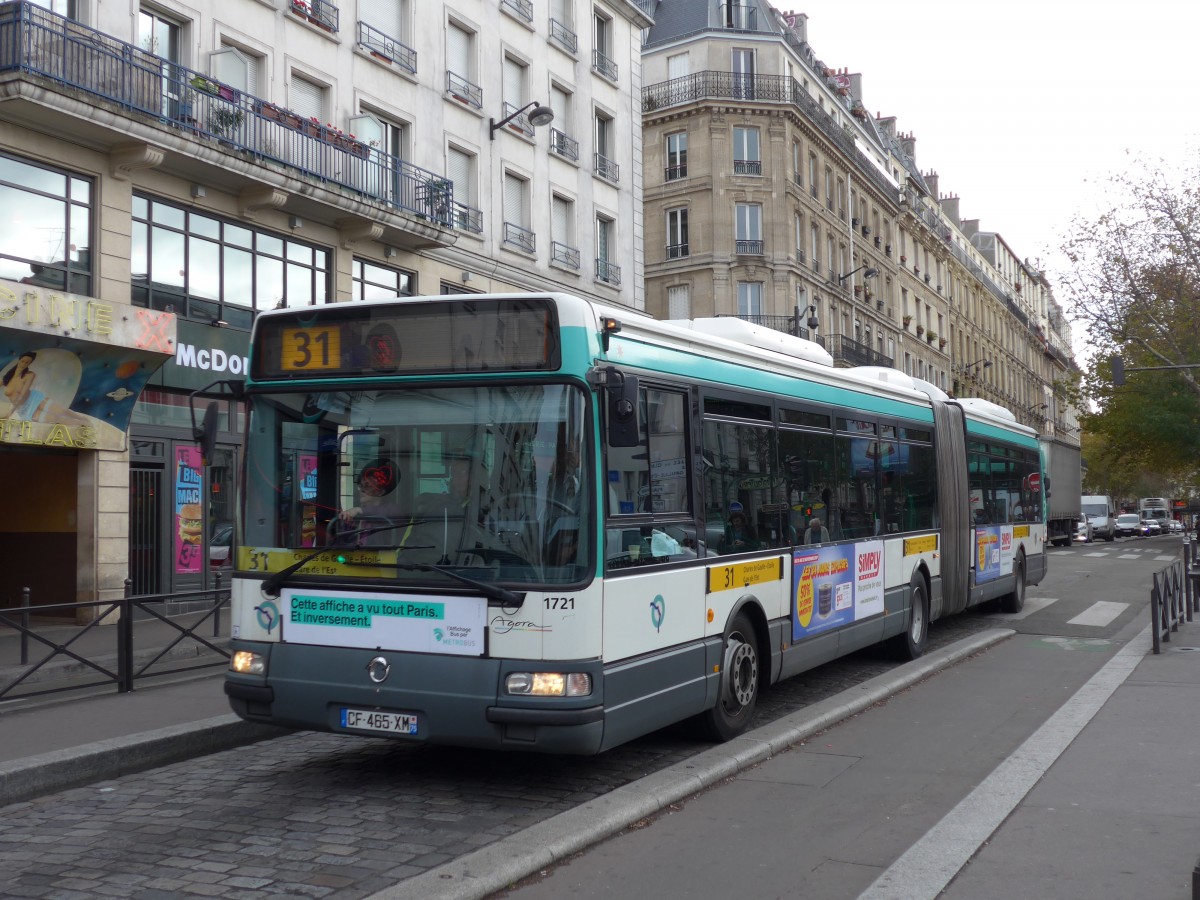 (167'126) - RATP Paris - Nr. 1721/CF 465 XM - Irisbus am 17. November 2015 in Paris, Pigalle