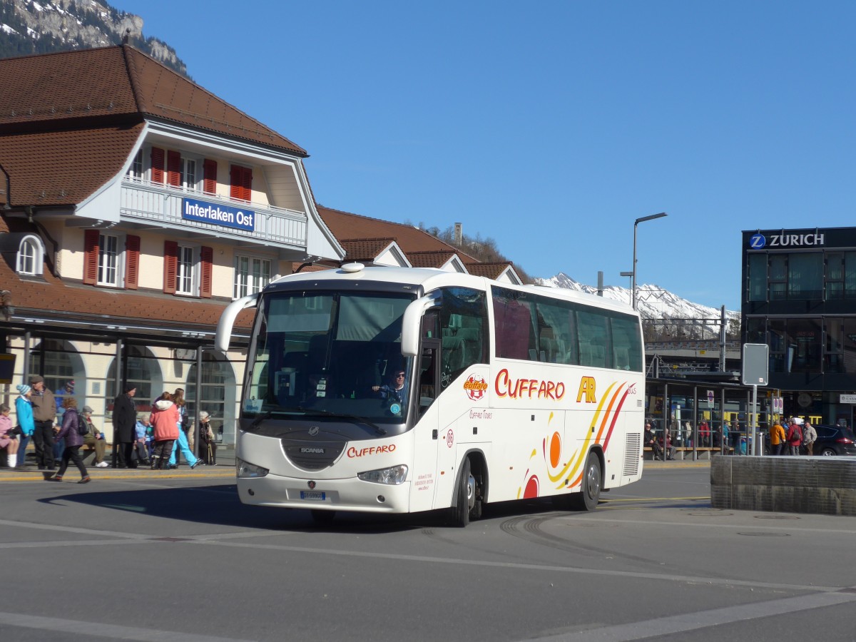 (168'829) - Aus Italien: Cuffaro, Agrigento - Nr. 86/DY-599 GC - Scania/Irizar am 21. Februar 2016 beim Bahnhof Interlaken Ost