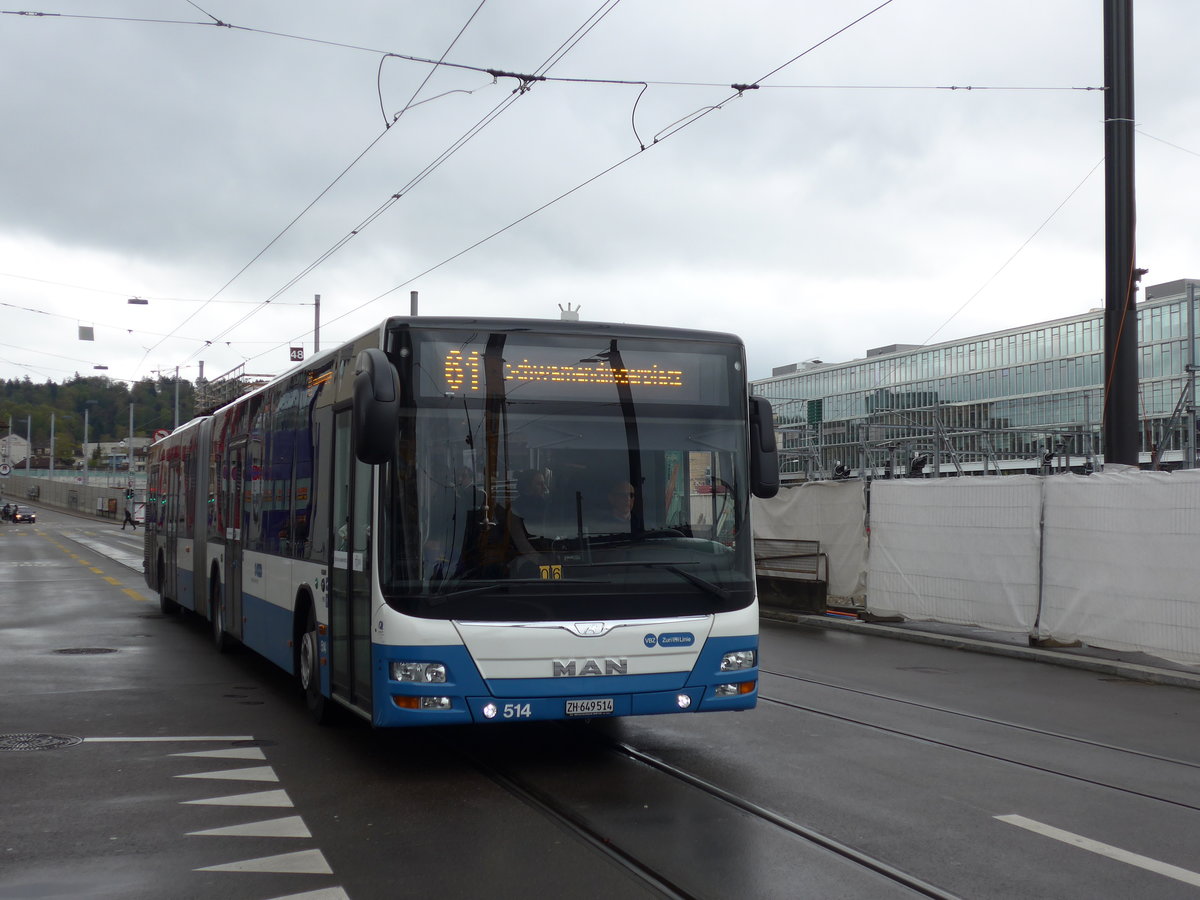 (169'992) - VBZ Zrich - Nr. 514/ZH 649'514 - MAN am 14. April 2016 beim Bahnhof Zrich-Oerlikon