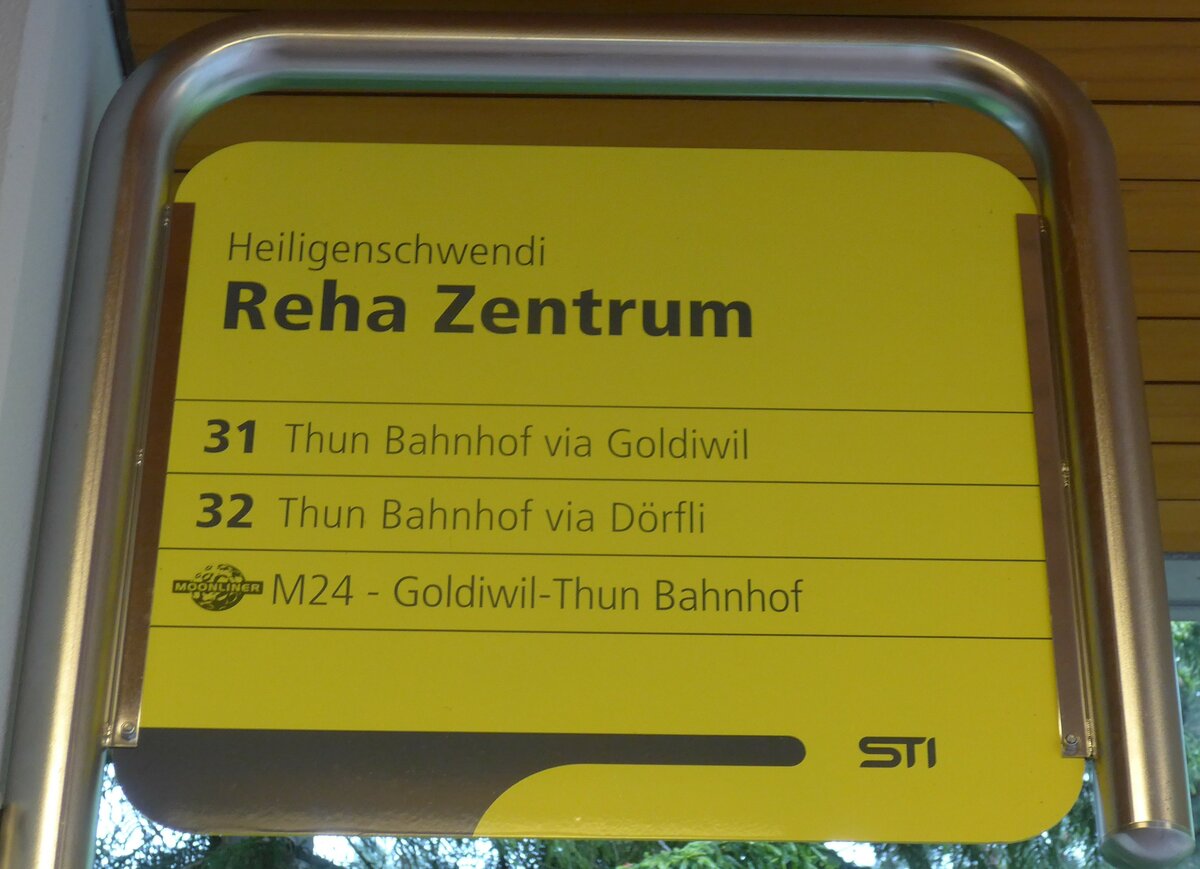 (171'414) - STI-Haltestellenschild - Heiligenschwendi, Reha Zentrum - am 25. Mai 2016