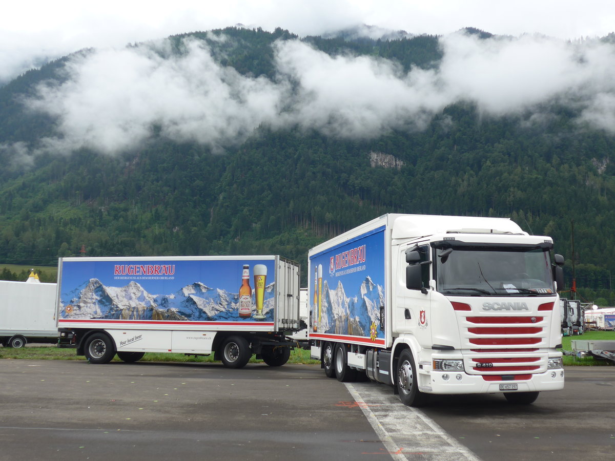 (172'257) - Rugenbru, Matten - BE 657'197 - Scania am 26. Juni 2016 in Interlaken, Flugplatz