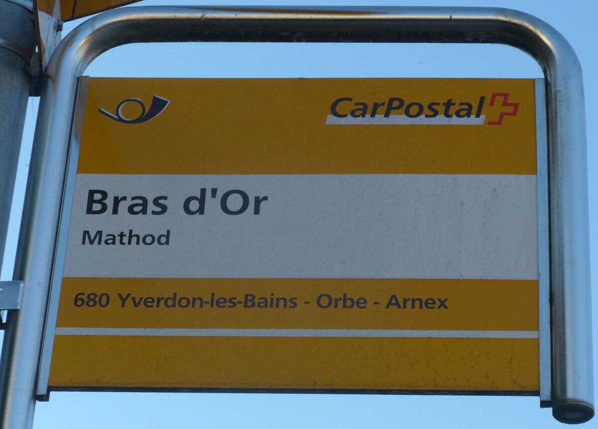 (173'109) - PostAuto-Haltestellenschild - Mathod, Bras d'Or - am 18. Juli 2016