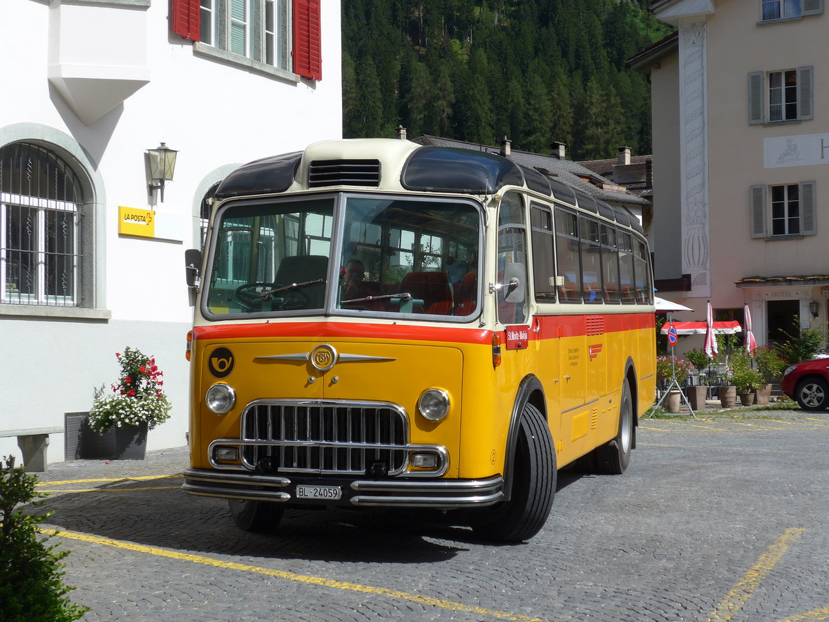 (174'233) - Tanner&Lambach, Reigoldswil - Nr. 2/BL 24'059 - FBW/R&J (ex Hunziker, Rschlikon; ex P 24'059; ex P 21'559) am 21. August 2016 in Andeer, Posta