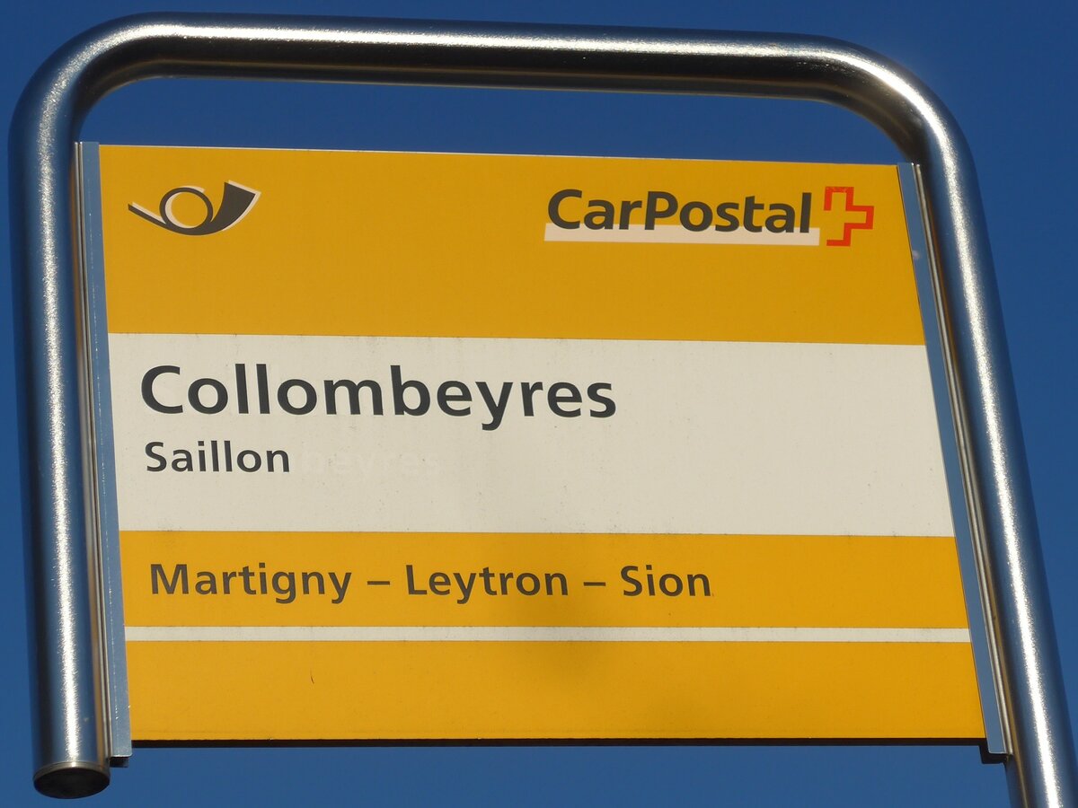 (176'850) - PostAuto-Haltestellenschild - Saillon, Collombeyres - am 4. Dezember 2016