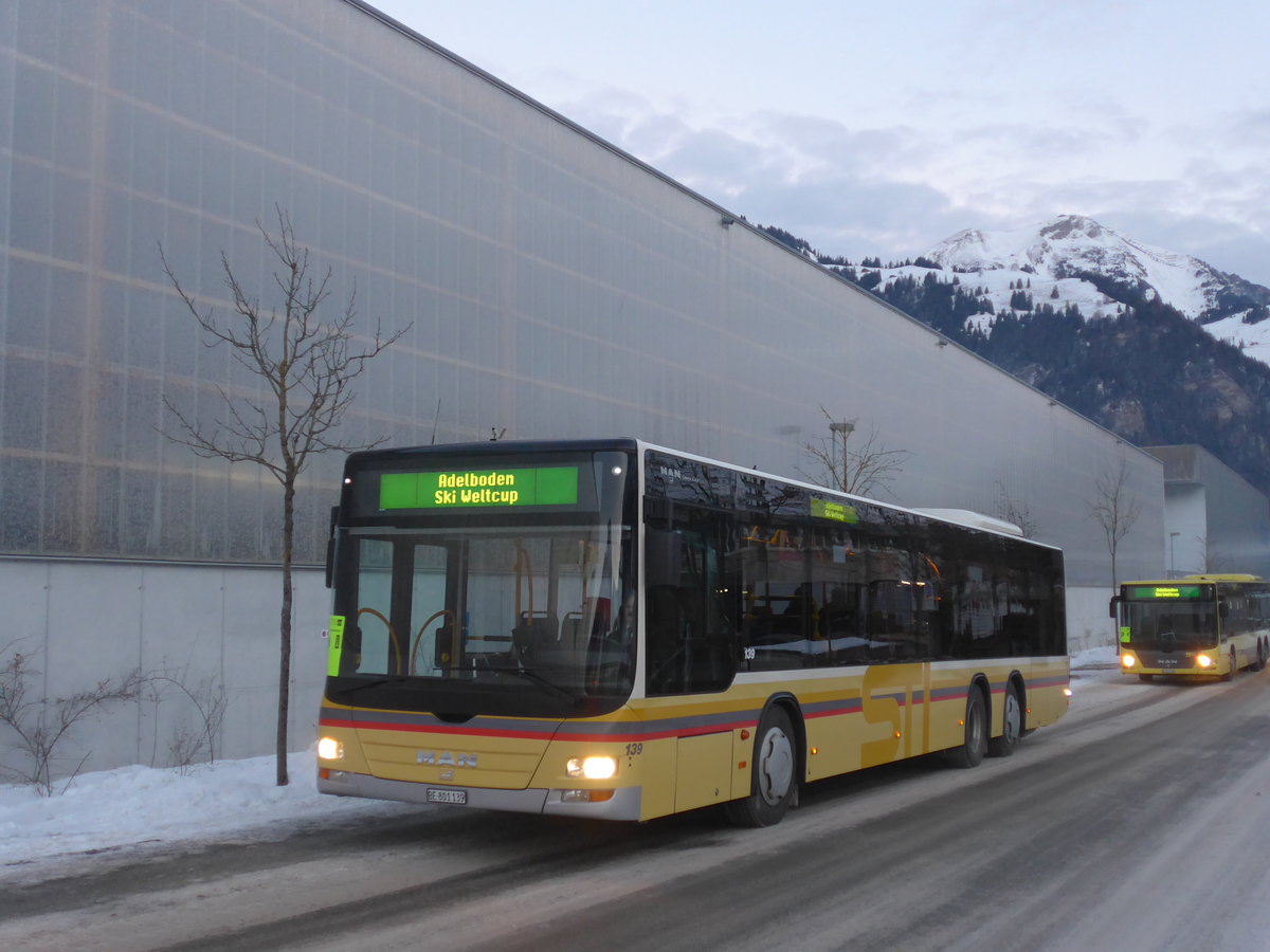 (177'611) - STI Thun - Nr. 139/BE 801'139 - MAN am 7. Januar 2017 beim Bahnhof Frutigen