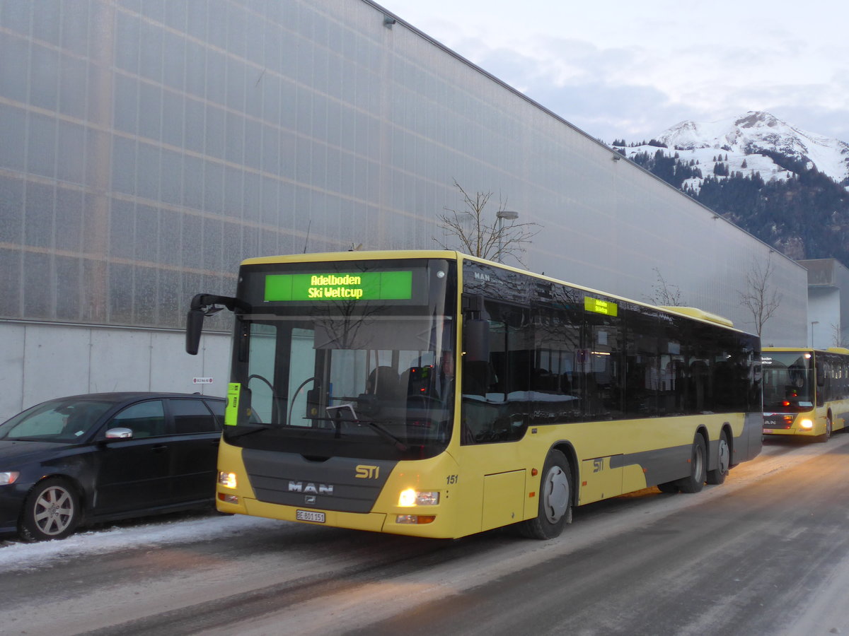 (177'612) - STI Thun - Nr. 151/BE 801'151 - MAN am 7. Januar 2017 beim Bahnhof Frutigen