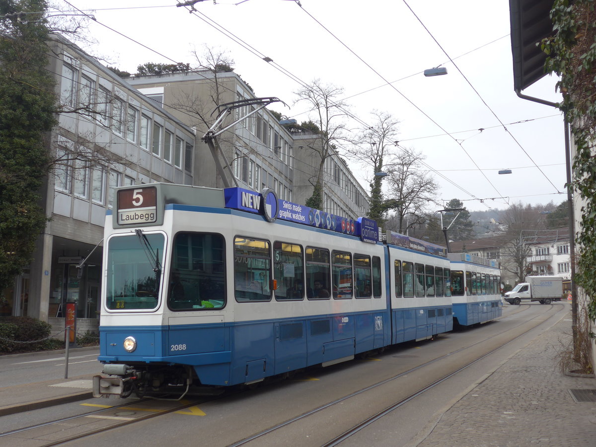 (178'494) - VBZ-Tram - Nr. 2088 - am 10. Februar 2017 in Zrich, Kirche Fluntern