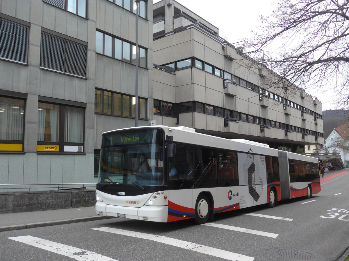 (179'003) - RVBW Wettingen - Nr. 145/AG 367'948 - Scania/Hess am 20. Mrz 2017 beim Bahnhof Baden