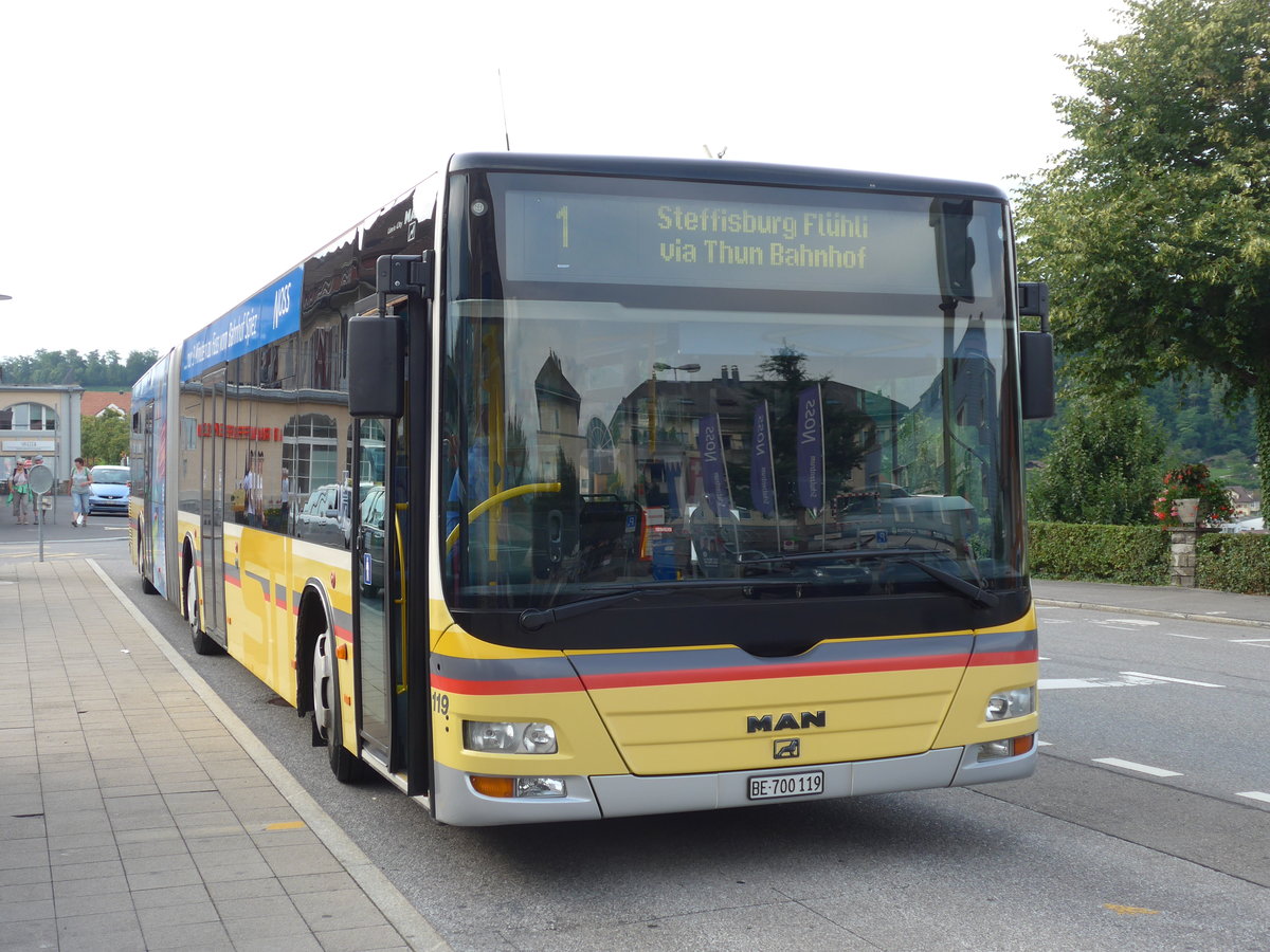 (182'169) - STI Thun - Nr. 119/BE 700'119 - MAN am 22. Juli 2017 beim Bahnhof Spiez