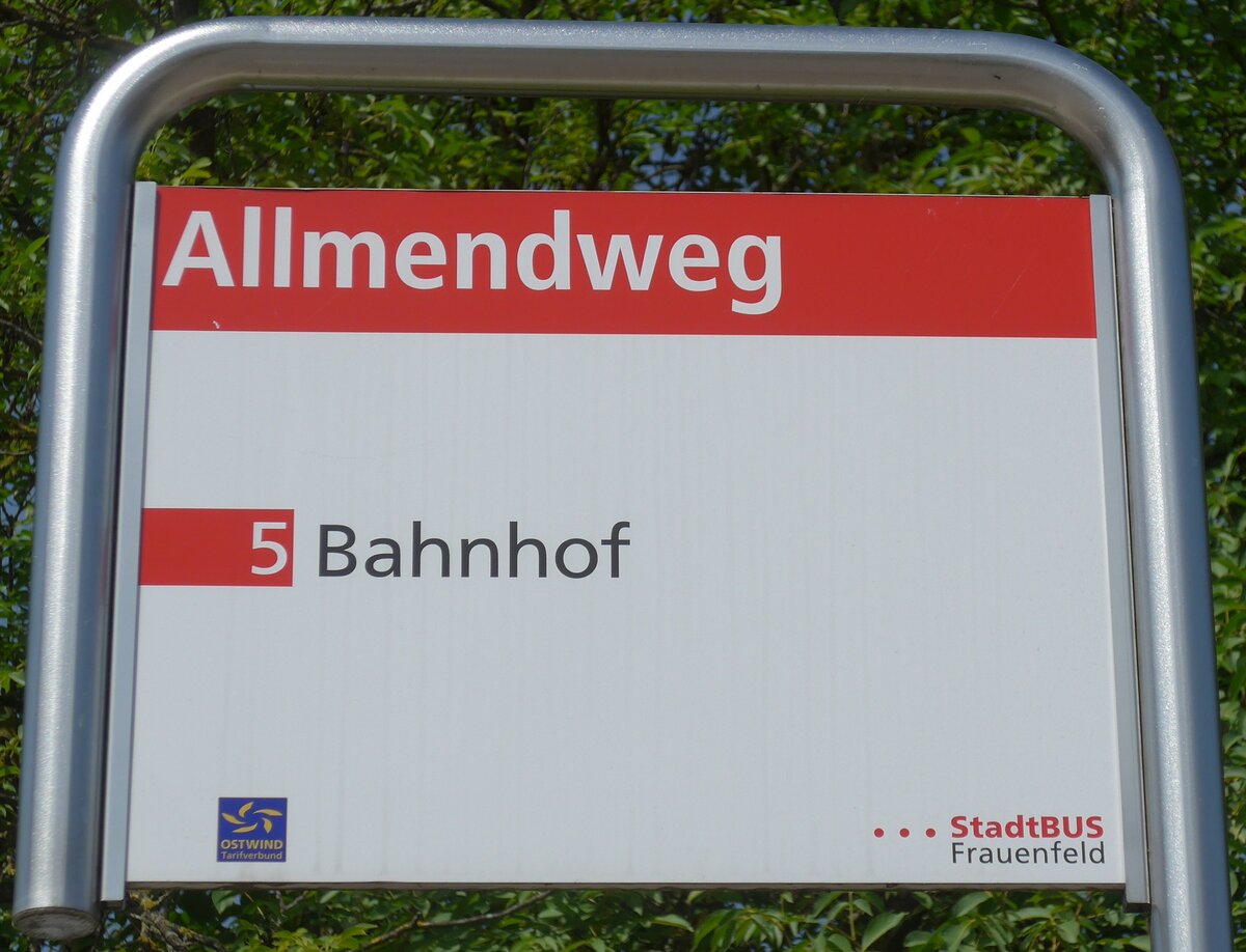 (182'598) - StadtBUS-Haltestellenschild - Frauenfeld, Allmendweg - am 3. August 2017