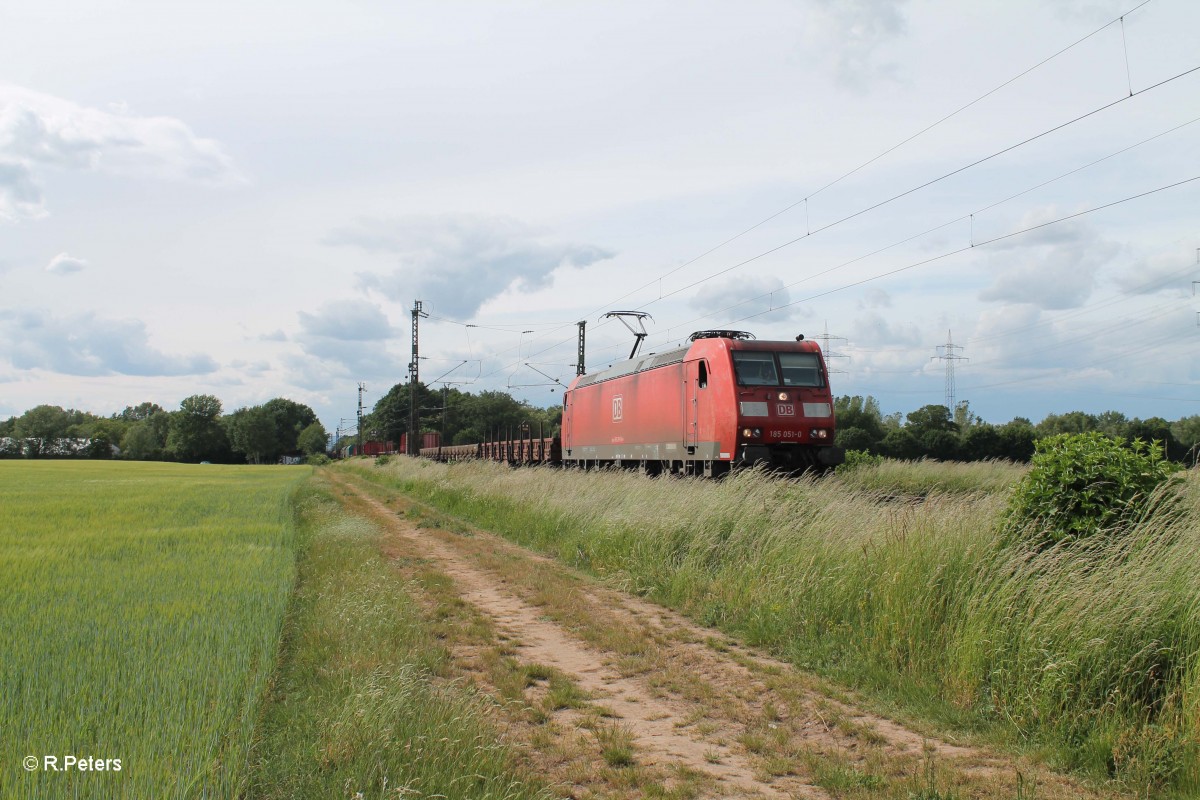 185 051-0 zieht einen gemischten Güterzug durch die Stromkreistrennstelle Bischofsheim. 30.05.15