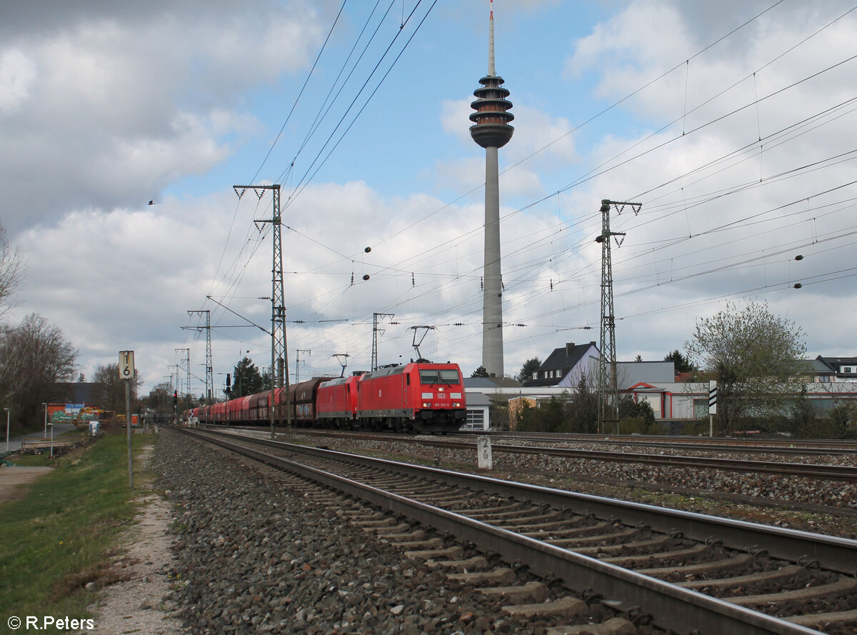 185 393-6 + 185 228-4 ziehen den Linzer Kohlebomber durch Nürnberg Hohe Marter. 25.03.24