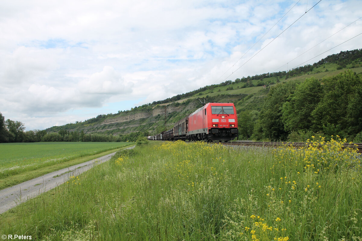 185 393-6 zieht bei Thüngersheim mit einem gemischten Güterzug gen Süden. 18.05.24