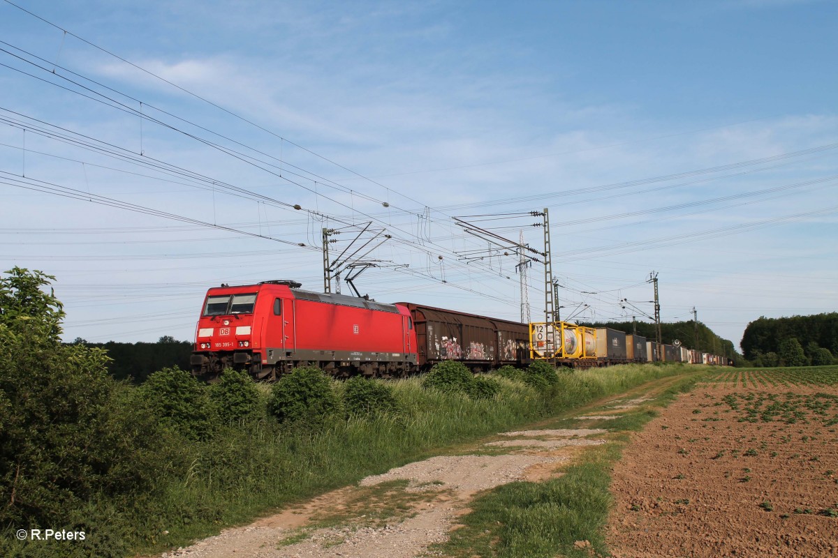 185 395-1 zieht bei der Netztrennstelle Mainz/Bischofsheim einen gemischten Gterzug. 15.05.15