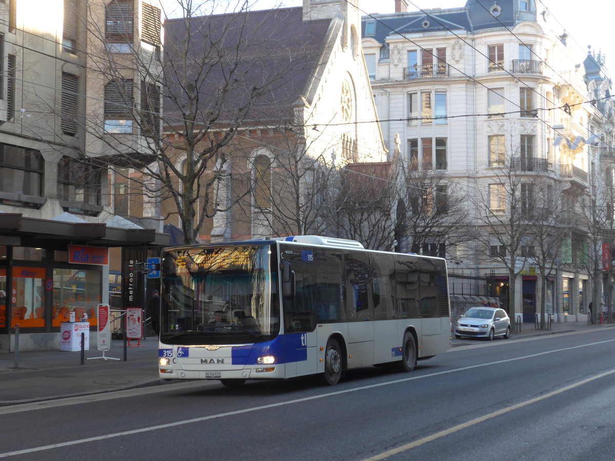 (187'130) - TL Lausanne - Nr. 315/VD 556'537 - MAN am 23. Dezember 2017 in Lausanne, Chauderon