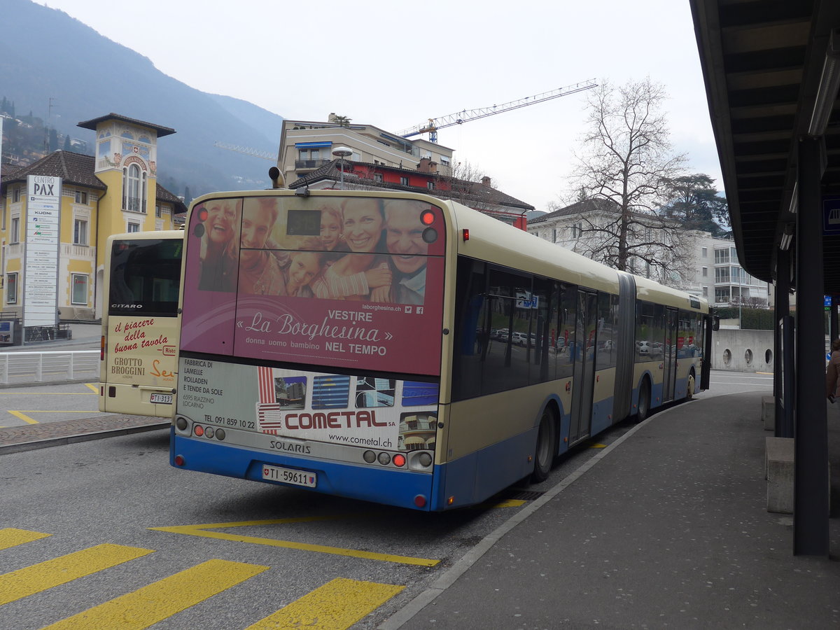 (188'848) - FART Locarno - Nr. 11/TI 59'611 - Solaris am 17. Februar 2018 beim Bahnhof Locarno