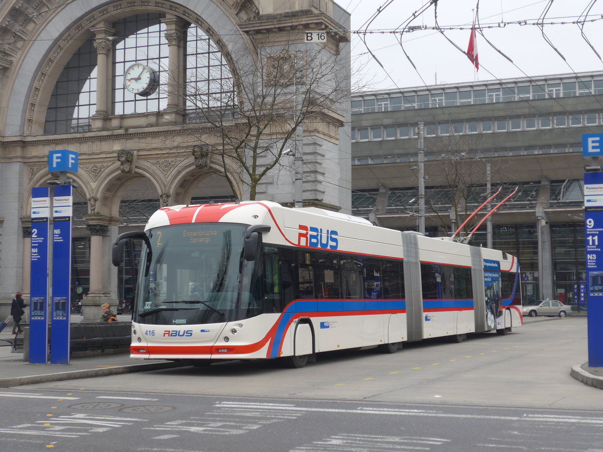 (189'300) - VBL Luzern - Nr. 416 - Hess/Hess Doppelgelenktrolleybus am 17. Mrz 2018 beim Bahnhof Luzern