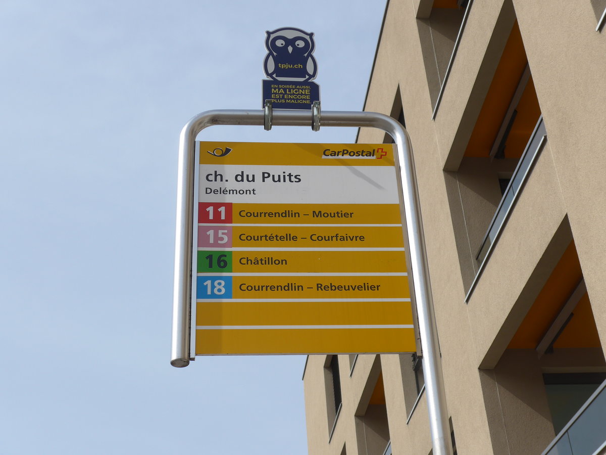 (189'940) - PostAuto-Haltestelle - Delmont, ch. du Puits - am 2. April 2018