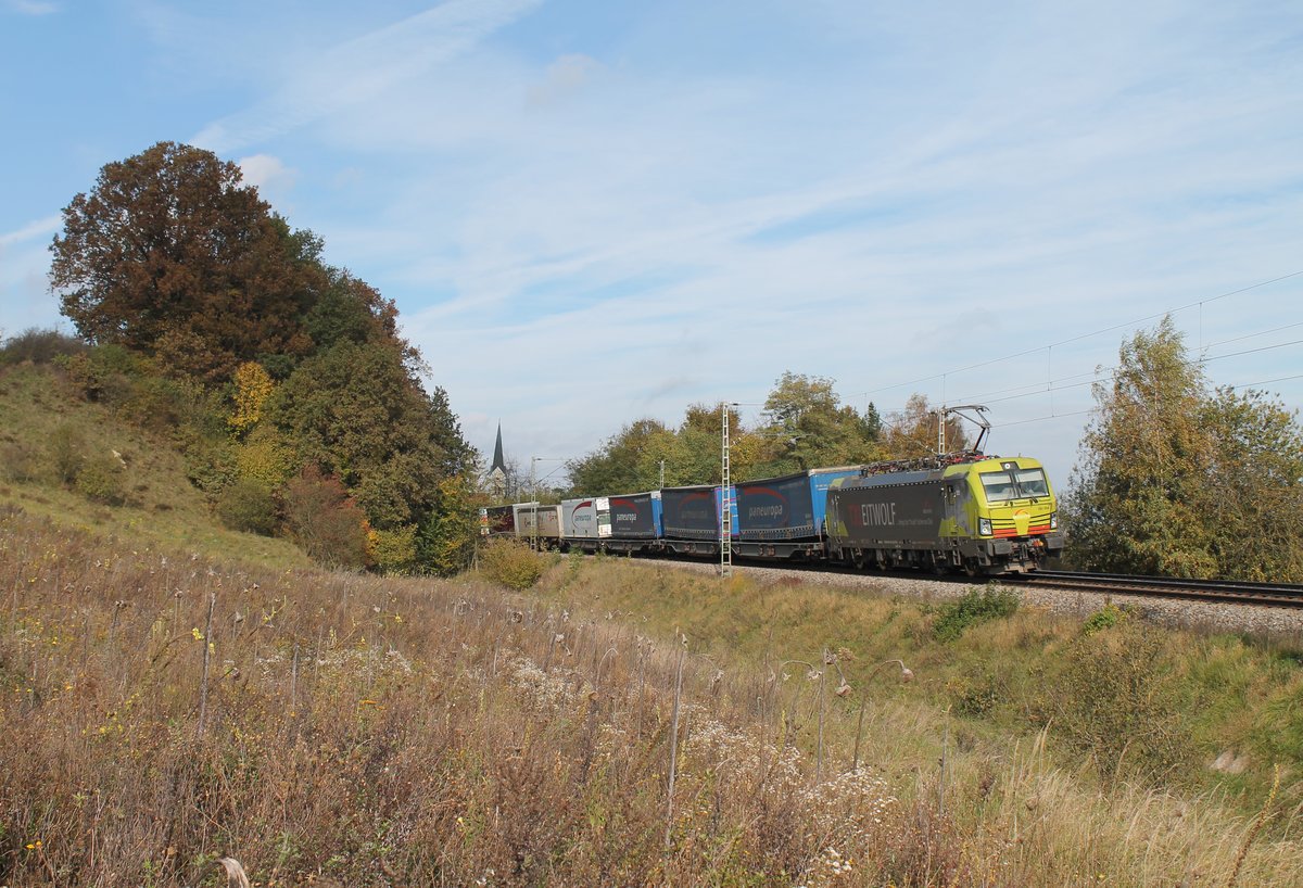 193 554  Leitwolf  zieht bei Fahlenbach einen Wechselpritschenzug Paneuropa/Terratrans gen München. 21.10.17