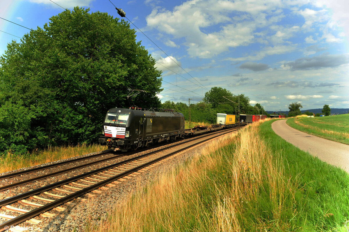 193 614 zieht ein Containerzug bei Pölling in Richtung Nürnberg. 16.07.23