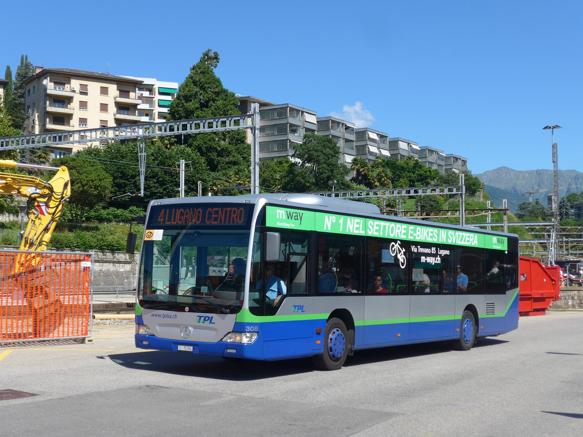 (193'801) - TPL Lugano - Nr. 308/TI 75'765 - Mercedes am 9. Juni 2018 beim Bahnhof Lugano