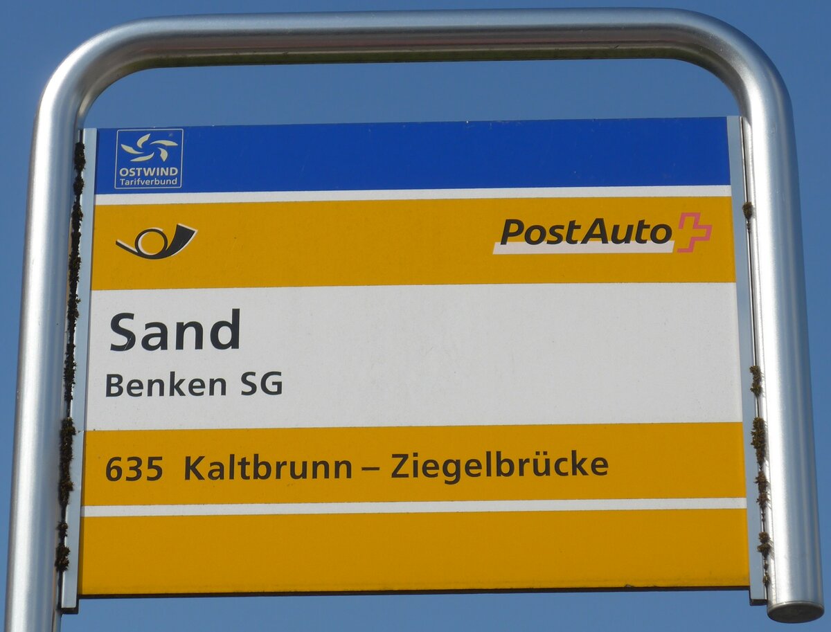 (194'529) - PostAuto-Haltestellenschild - Benken SG, Sand - am 7. Juli 2018