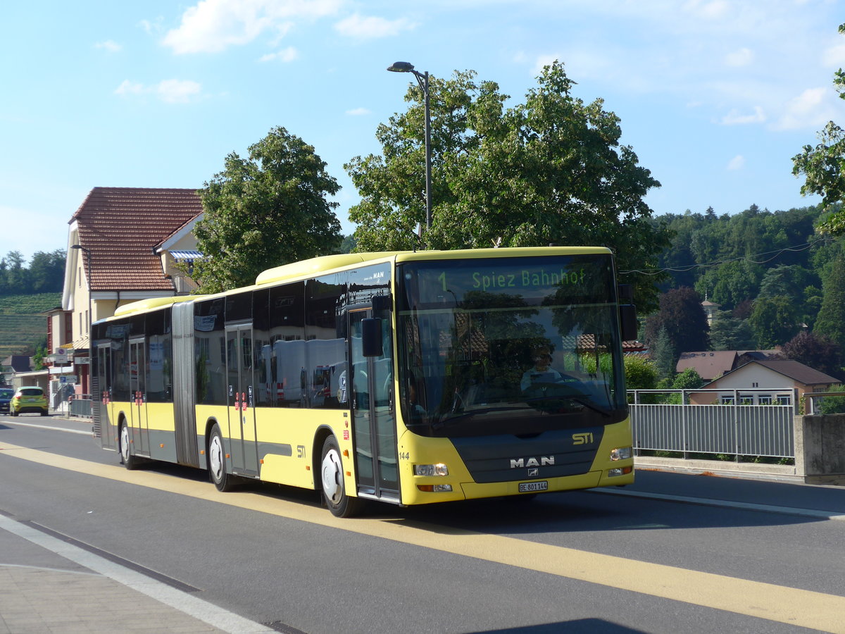 (194'740) - STI Thun - Nr. 144/BE 801'144 - MAN am 9. Juli 2018 beim Bahnhof Spiez