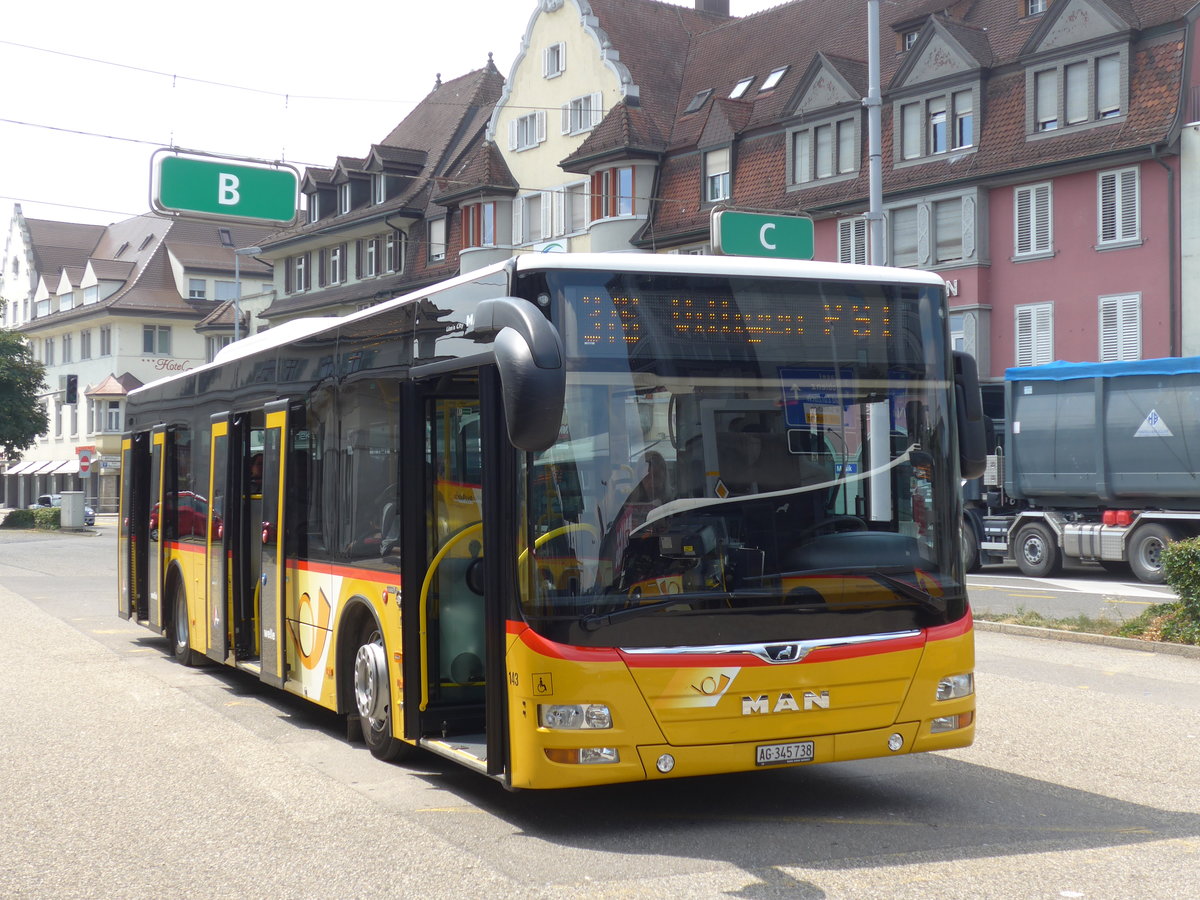 (195'118) - Voegtlin-Meyer, Brugg - Nr. 143/AG 345'738 - MAN am 23. Juli 2018 beim Bahnhof Brugg