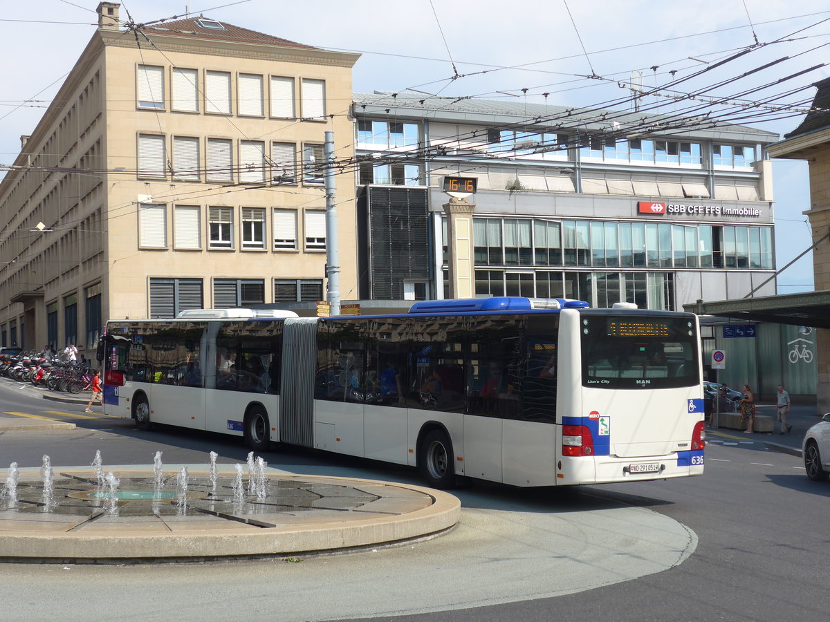 (195'774) - TL Lausanne - Nr. 636/VD 291'051 - MAN am 6. August 2018 beim Bahnhof Lausanne