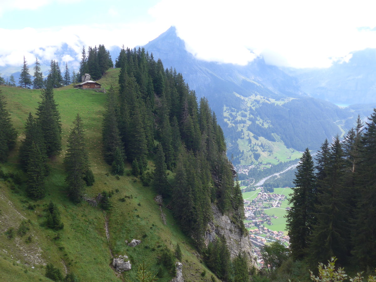 (195'960) - Alphtte und Tannen mit Blick auf Kandersteg am 18. August 2018 auf der Allmenalp bei Kandersteg