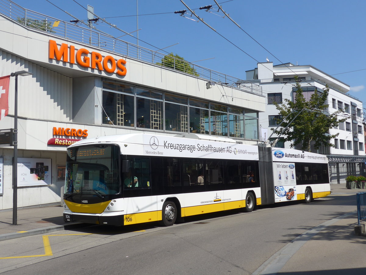 (196'111) - VBSH Schaffhausen - Nr. 106 - Hess/Hess Gelenktrolleybus am 20. August 2018 in Neuhausen, Zentrum