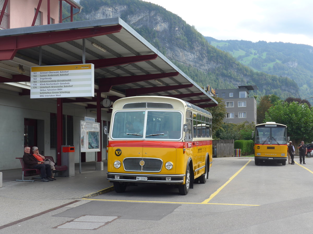 (197'701) - Mller, Ennetmoos - NW 23'167 - FBW/Gangloff (ex Rentsch, Gunten; ex P 23'203; ex P 21'003) am 16. September 2018 in Meiringen, Postautostation