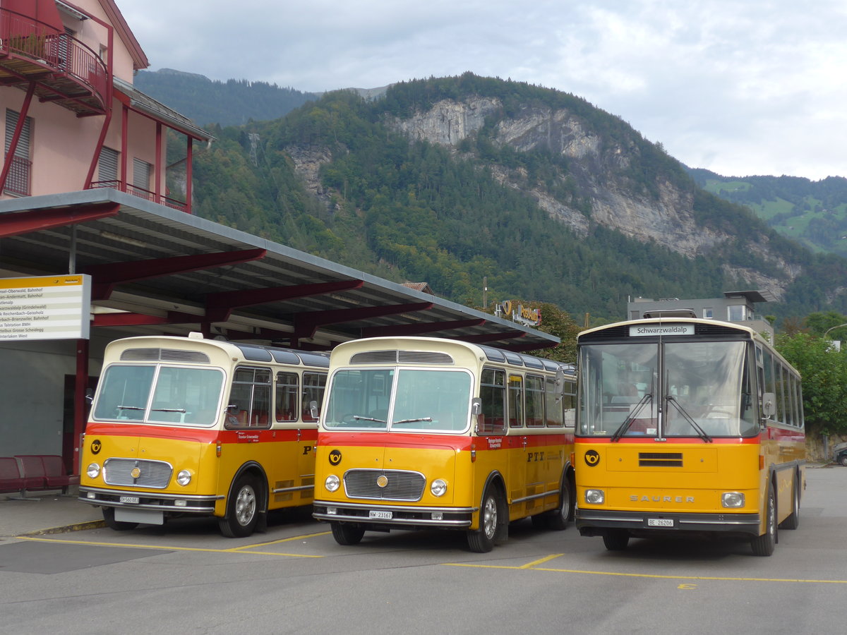 (197'847) - Schmid, Thrishaus - BE 26'206 - Saurer/Tscher (ex P 24'244) am 16. September 2018 in Meiringen, Postautostation