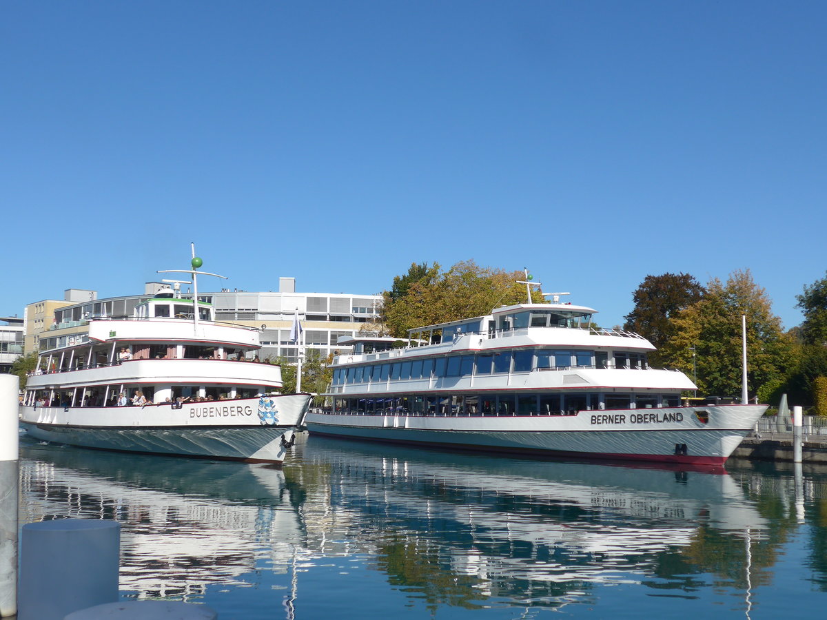 (198'259) - Motorschiffe Bubenberg und Berner Oberland am 14. Oktober 2018 an der Schifflndte Thun
