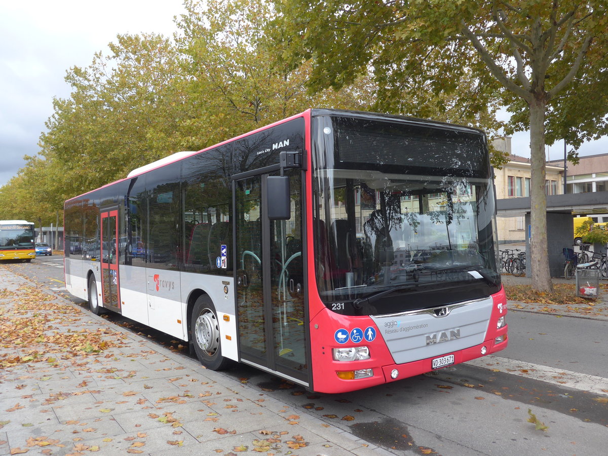 (198'997) - TRAVYS Yverdon - Nr. 231/VD 303'671 - MAN am 28. Oktober 2018 beim Bahnhof Yverdon