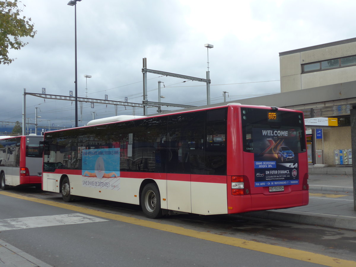 (199'060) - TRAVYS Yverdon - Nr. 109/VD 550'090 - MAN am 28. Oktober 2018 beim Bahnhof Yverdon