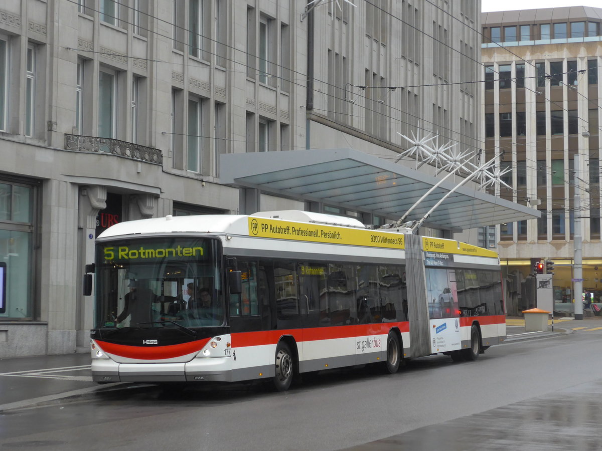 (199'483) - St. Gallerbus, St. Gallen - Nr. 177 - Hess/Hess Gelenktrolleybus am 24. November 2018 beim Bahnhof St. Gallen