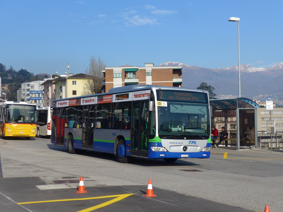 (199'757) - TPL Lugano - Nr. 306/TI 224'924 - Mercedes am 7. Dezember 2018 beim Bahnhof Lugano