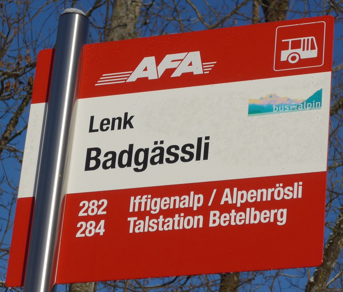 (200'205) - AFA-Haltestellenschild - Lenk, Badgssli - am 25. Dezember 2018