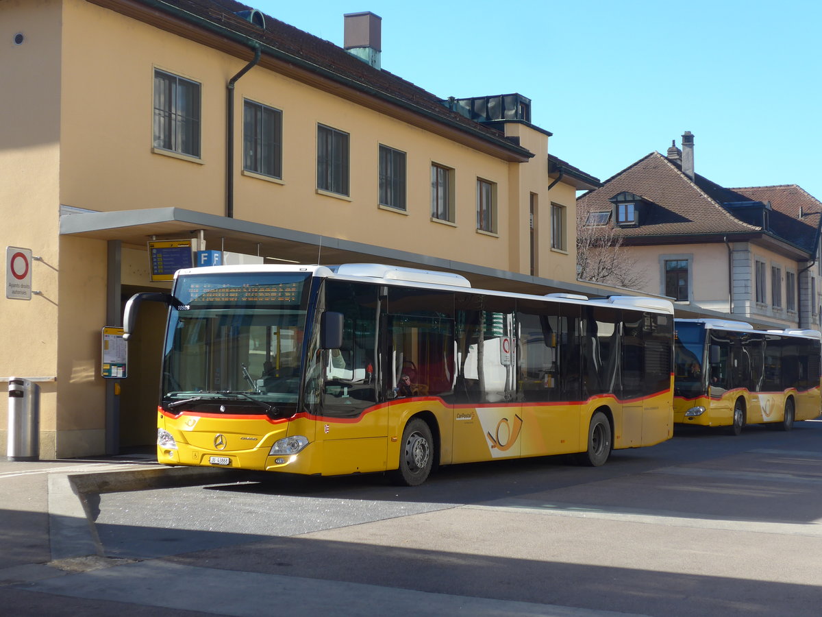 (201'579) - CarPostal Ouest - JU 43'868 - Mercedes am 16. Februar 2019 beim Bahnhof Delmont