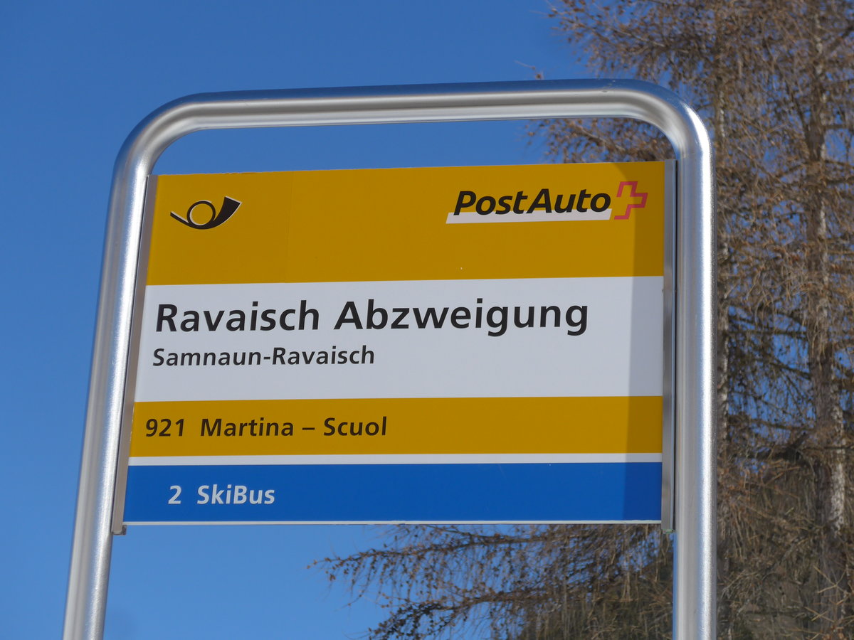 (202'636) - PostAuto-Haltestelle - Samnaun-Ravaisch, Ravaisch Abzweigung - am 20. Mrz 2019