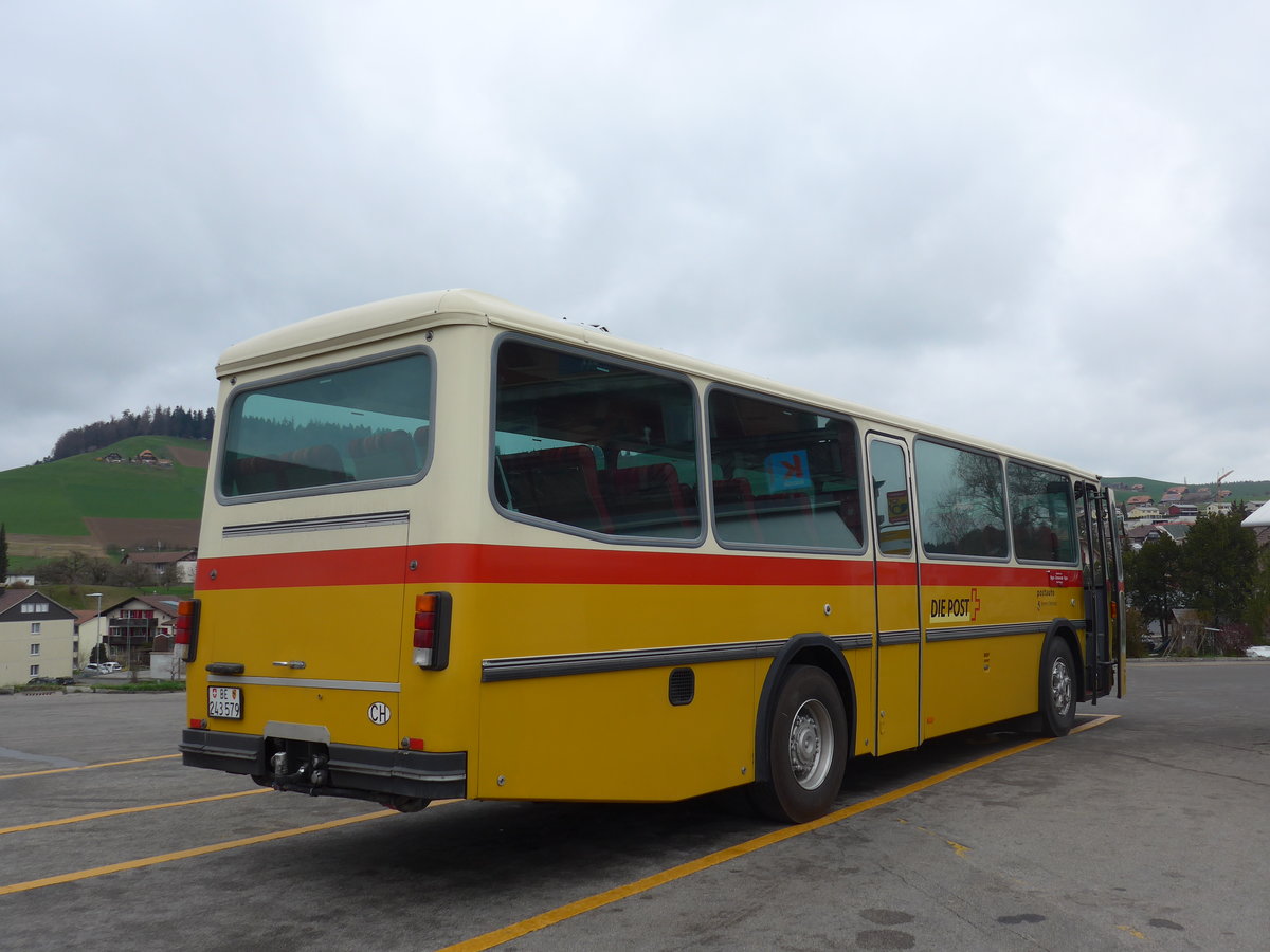 (203'489) - Krummenacher, Zillis - Nr. 74/BE 243'579 - Saurer/R&J (ex AVG Meiringen Nr. 74; ex PostAuto Berner Oberland; ex P 24'357) am 7. April 2019 beim Bahnhof Biglen