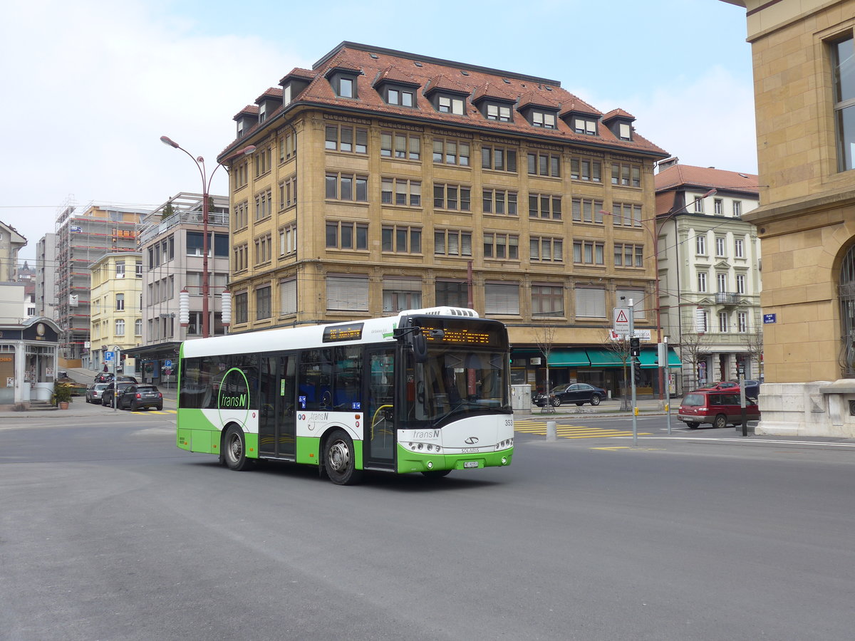 (203'603) - transN, La Chaux-de-Fonds - Nr. 353/NE 92'353 - Solaris (ex TRN La Chaux-de-Fonds Nr. 353) am 13. April 2019 beim Bahnhof La Chaux-de-Fonds