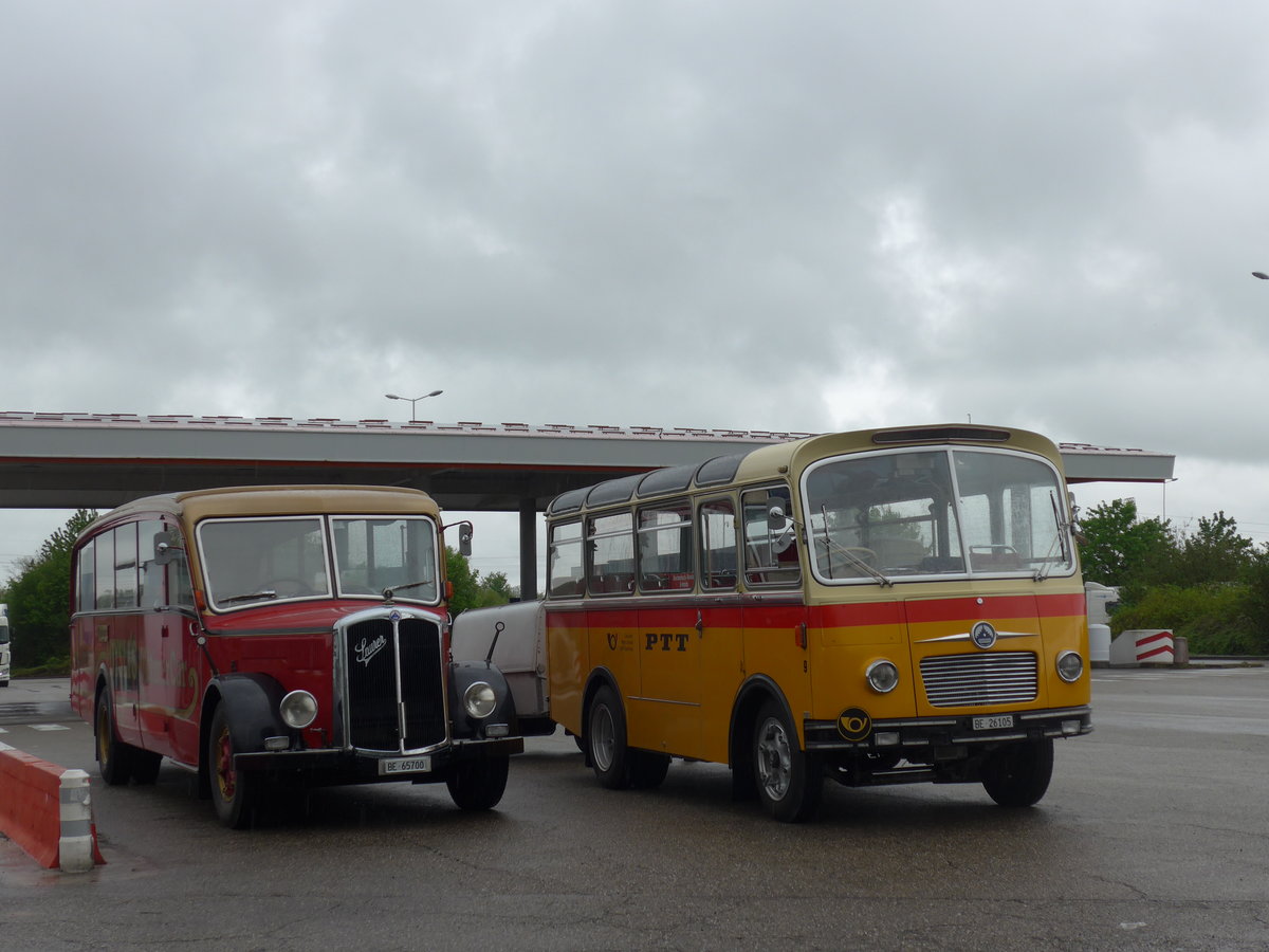 (203'926) - Aus der Schweiz: Dysli, Bern - Nr. 19/BE 65'700 - Saurer/Saurer (ex P 23'085; ex P 2137) + Schmid, Thrishaus - Nr. 9/BE 26'105 - Saurer/R&J (ex Geiger, Adelboden Nr. 9) am 26. April 2019 in Orschwiller, Raststtte