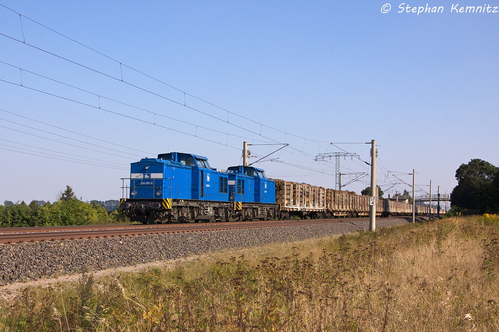 204 010-6 (203 211-8) & 204 016-0 (204 314-9) der PRESS mit einem Holzzug in Vietznitz und fuhren in Richtung Wittenberge weiter. 06.09.2013