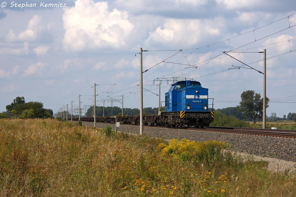 204 016-0 PRESS (204 314-9) mit einem Sgnss Ganzzug in Vietznitz und fuhr in Richtung Nauen weiter. Netten Gru an den Tf! 29.08.2013