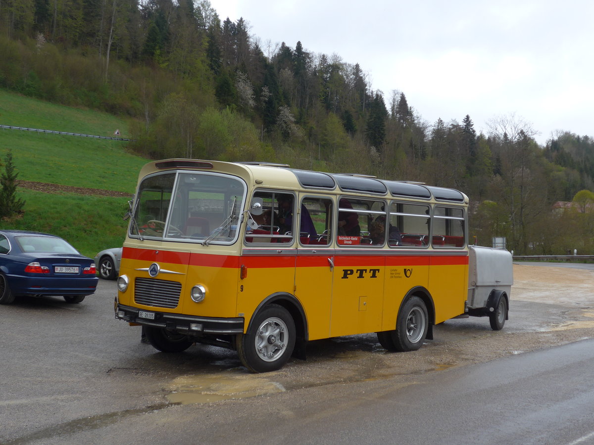 (204'547) - Schmid, Thrishaus - Nr. 9/BE 26'105 - Saurer/R&J (ex Geiger, Adelboden Nr. 9) am 28. April 2019 in Lucelle, Motel Noirval