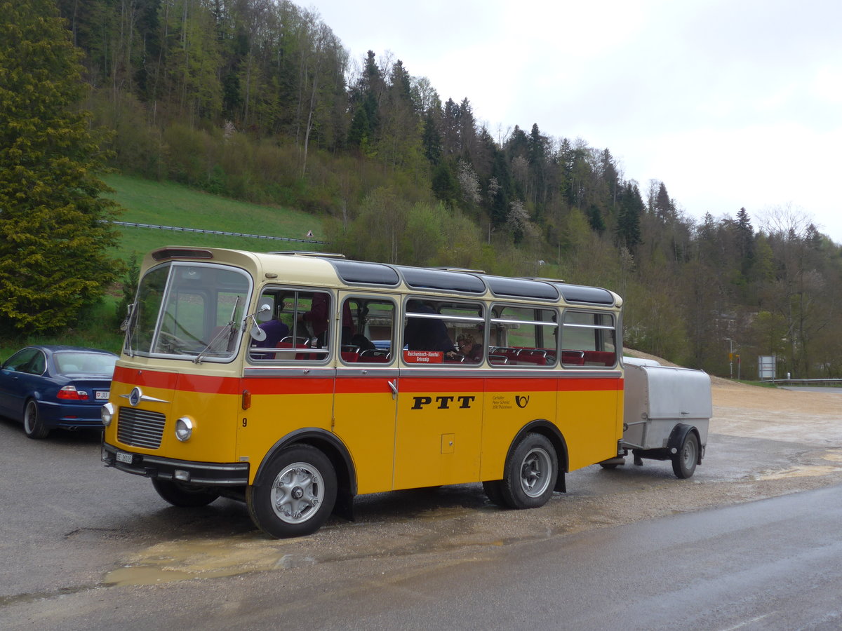 (204'548) - Schmid, Thrishaus - Nr. 9/BE 26'105 - Saurer/R&J (ex Geiger, Adelboden Nr. 9) am 28. April 2019 in Lucelle, Motel Noirval